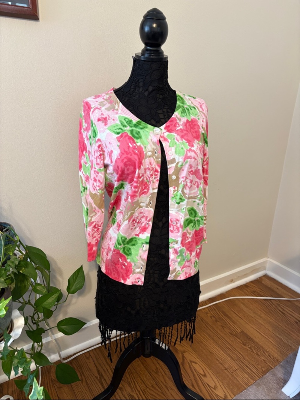 Talbots Pink Green Floral Cardigan